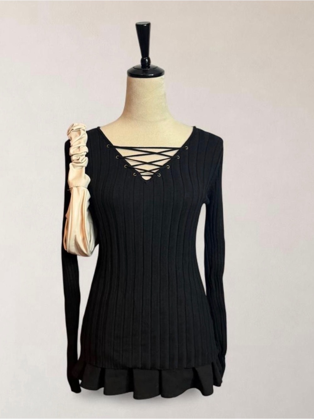 Black Lace Up Ribbed Long Sleeve Top Size L Y2K Whimsigoth Soft Goth